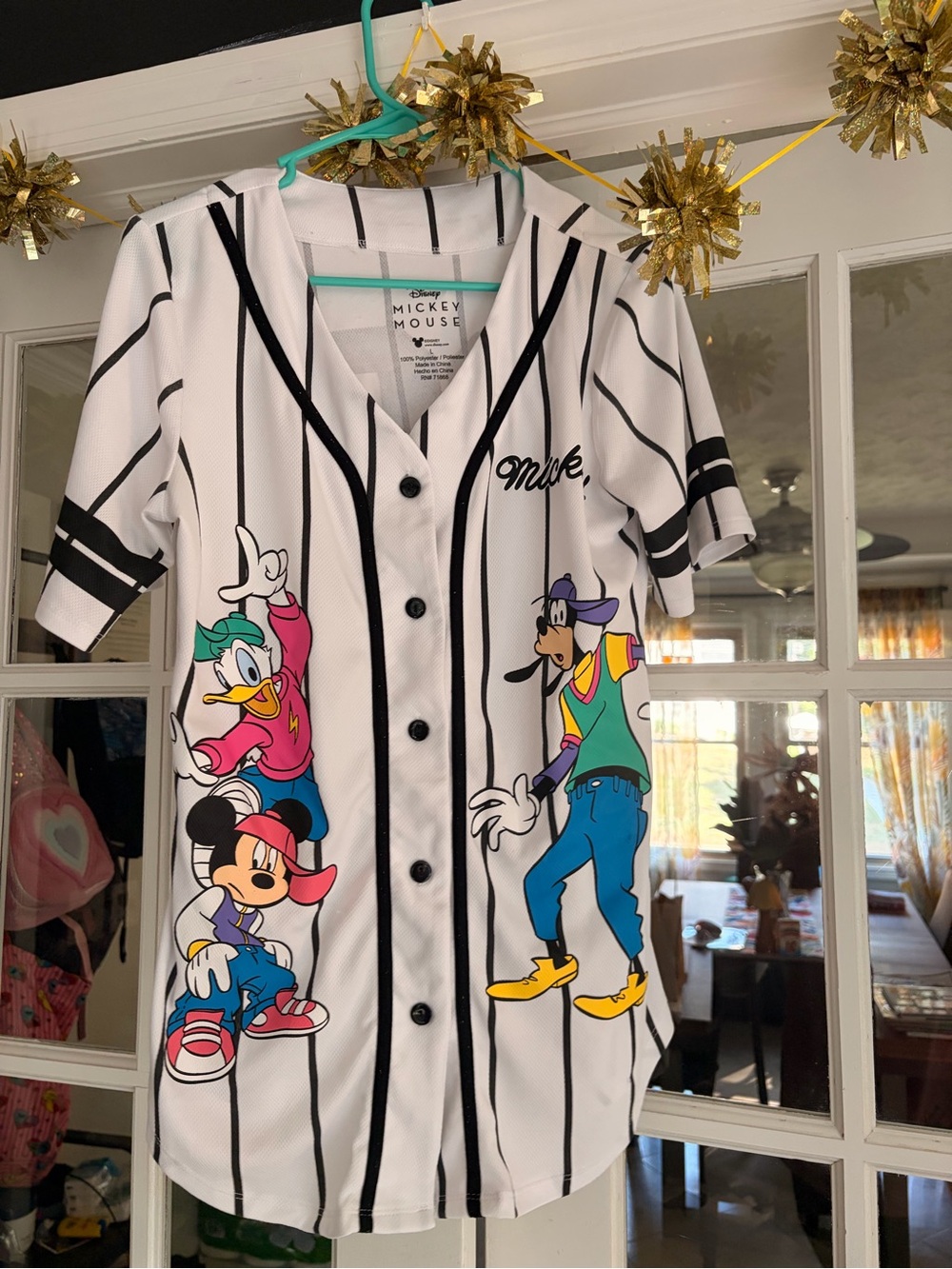 Disney White & Black Striped Baseball Jersey with Mickey, Donald & Goofy